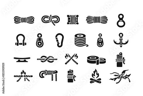 Collection of nautical and climbing icons with ropes, knots, and hooks