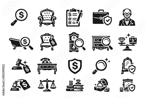 Antique auction icons: magnifying glass, chair, checklist, briefcase, male portrait, scale, and more