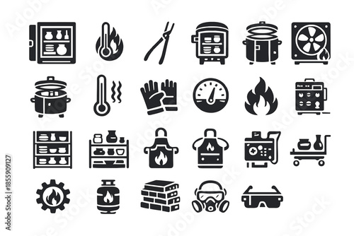 Collection of kitchen and cooking equipment icons in black and white