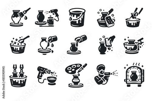 Pottery creation process icon set featuring tools and techniques