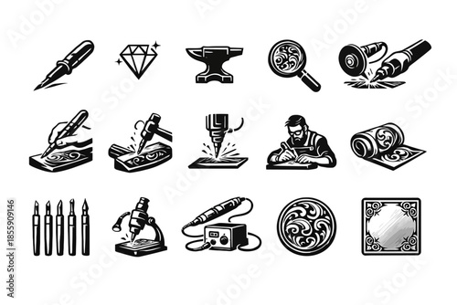 Black and white icons of engraving tools and techniques