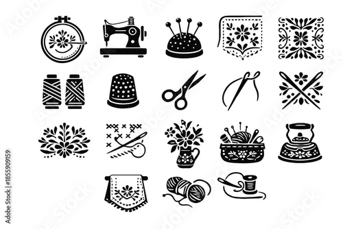 Vintage sewing and embroidery icons collection featuring tools and patterns