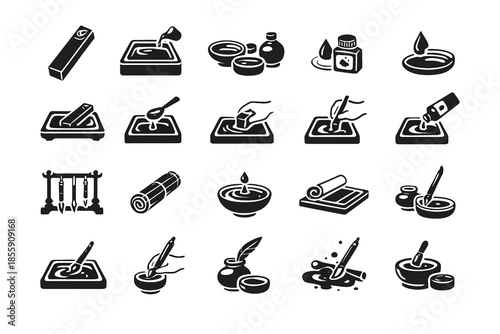 Set of vector icons representing traditional asian calligraphy tools and techniques