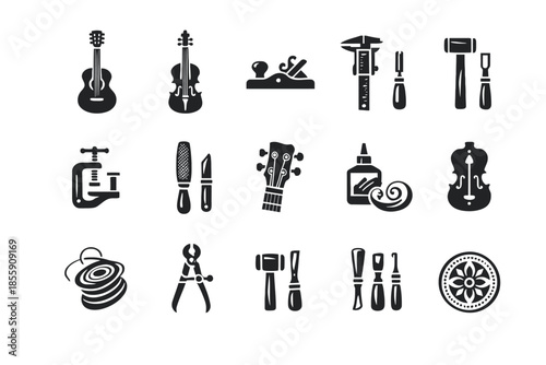Collection of black silhouette icons for musical instruments and tools