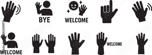 Welcome icon set with hello, greeting, wave and invite symbols. Solid vector icons for UI, web and apps.
