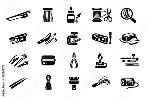 Essential tools icons: knives tweezers scissors magnifying glass needle
