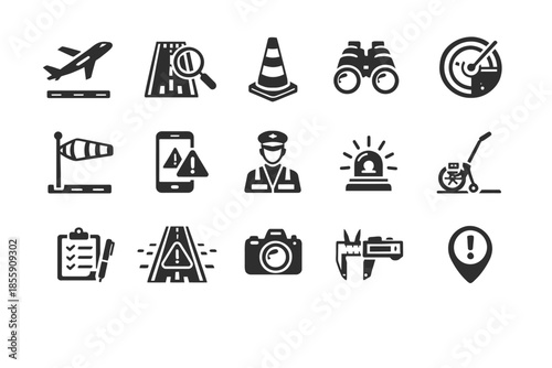 Aviation safety icons collection with pilots and warning signs