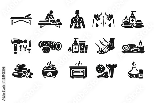 Massage therapy icons: tools, techniques, and relaxation elements