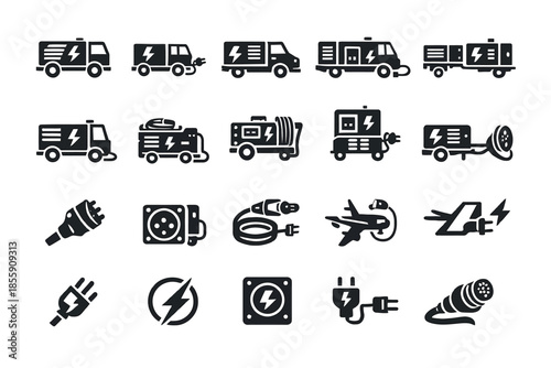 Electric vehicle icons and charging components set in black style