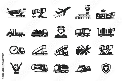 Airport and aviation icon set: planes, terminals, security, transportation