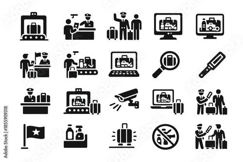 Airport security icons set: baggage scan, inspection, surveillance