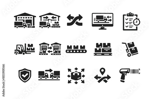 Logistics and warehouse icons: delivery, inventory management, shipping, barcode, forklift