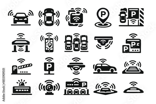 Smart parking icons set featuring cars, sensors, and parking signs