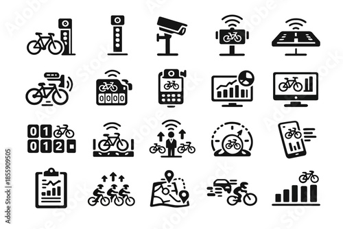Bicycle sharing icons set illustrating bike rentals, data analytics, and connectivity