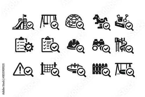Playground equipment and safety inspection icons set in black and white