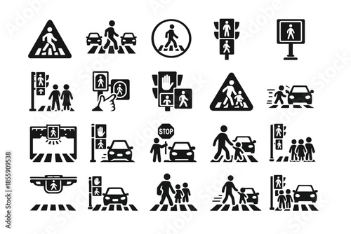 Traffic control icons: pedestrian crossings, traffic lights, road signs collection