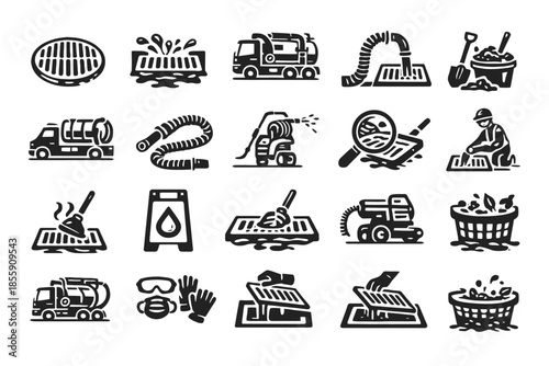 Set of sewer and drain maintenance icons featuring equipment and safety gear