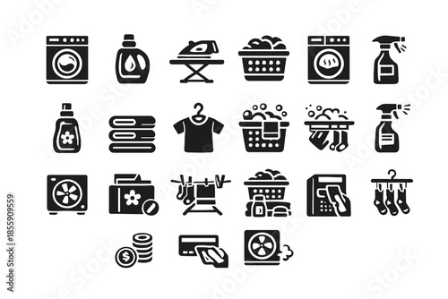 Laundry and cleaning icons set featuring household tasks and appliances