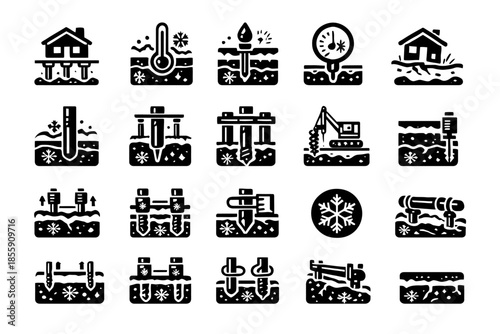 Winter construction icons: frost protection, insulation, and machinery techniques