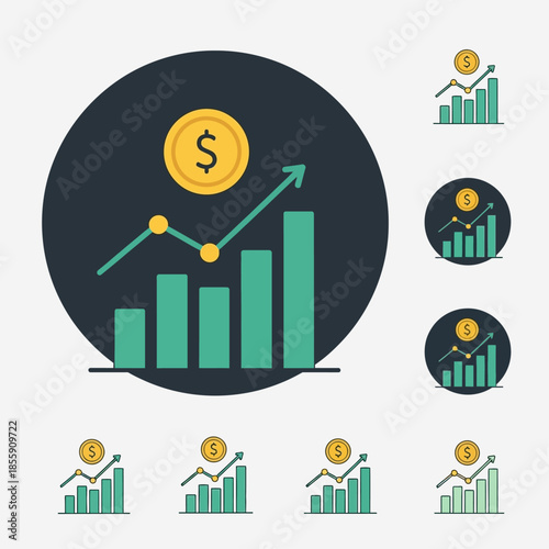 Minimal flat vector icon set representing bull and bear market trends