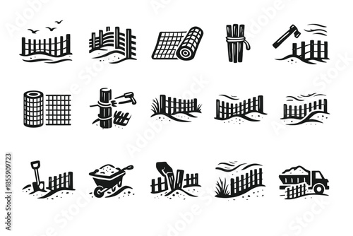 Black and white fence construction icons set with tools and materials