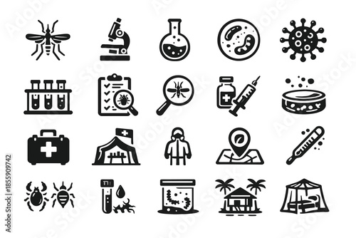 Medical and health icons: microscope, virus, vaccine, first aid, hospital, test tubes
