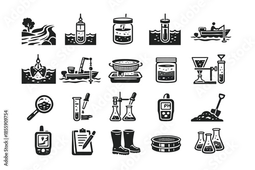 Monochrome collection of water testing tools and scenes