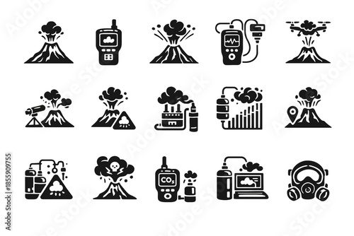 Volcanic eruption monitoring icons with equipment and safety gear
