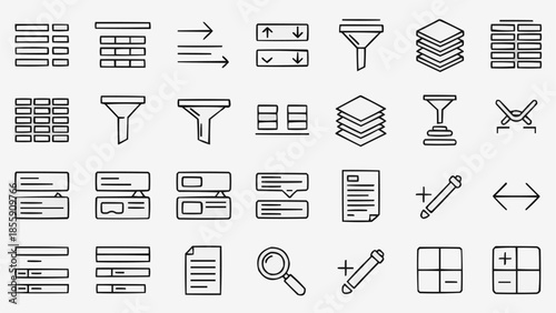 Collection of UI Icons Representing Data Management and Organization Tools.