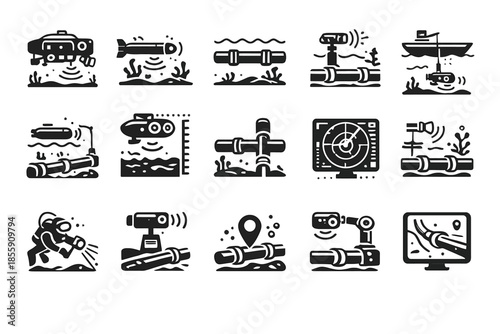 Underwater exploration and surveillance icons set