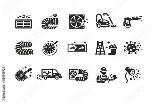 Air duct cleaning icons: fan, vacuum, ladder, protective gear, virus