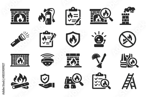 Fire safety icons set: extinguishers, alarms, flashlights, and protective gear