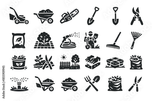 Collection of gardening tools silhouettes for landscaping and lawn care