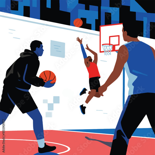 Illustration Of Street Basketball On An Outdoor Court, Urban Feel Atmosphere Vector Design Template