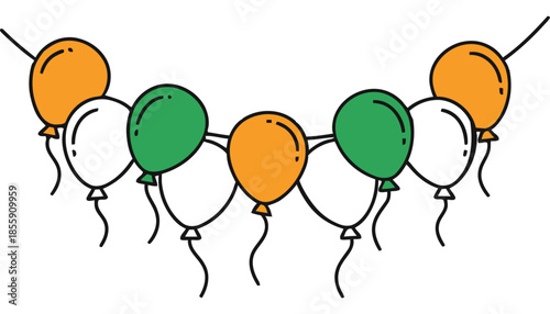 A string of colorful balloons in orange green and white hues tied together with black ribbons on a plain white background