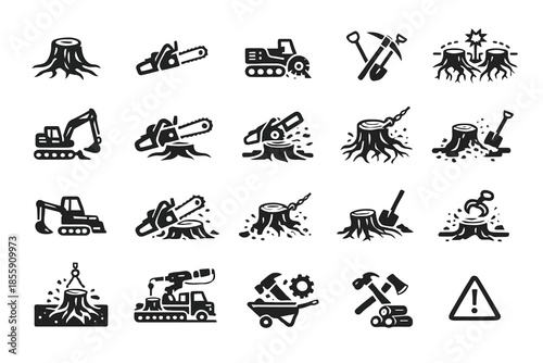 Tree stump removal icons set featuring tools and machinery