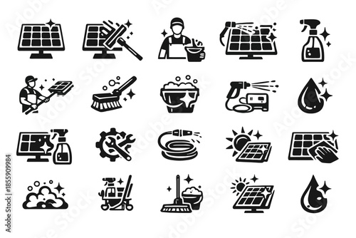Solar panel cleaning icons: maintenance tools and equipment in black and white style