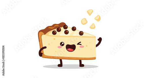 Cute winking cheesecake slice cartoon character with chocolate chips tossing pieces of white chocolate in the air with a smile.
