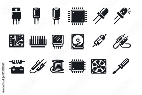 Electronic components icons: resistors, chips, leds, circuit boards, heatsink, hard drive