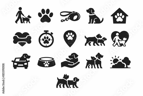 Dog icons collection: walking, training, feeding, and caring symbols for pet lovers