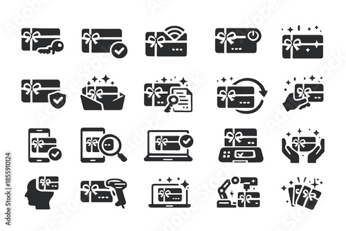 Black gift card icons set with shopping, security, and payment symbols