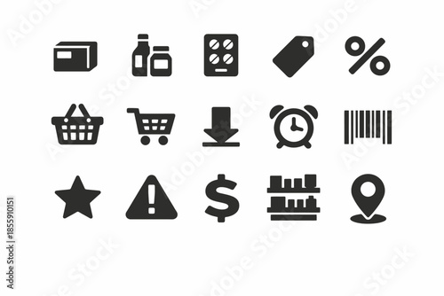 Shopping and retail icons: basket, cart, discount, barcode, alarm, dollar sign