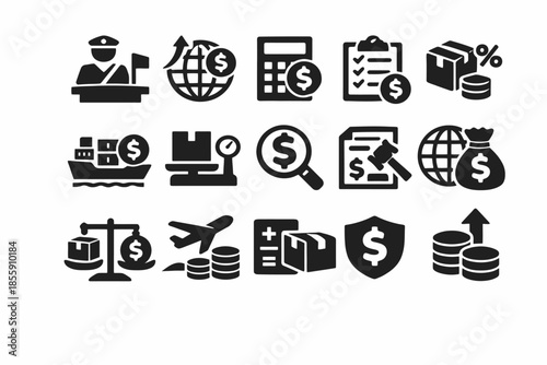 Icons representing global trade and finance elements: calculation, shipping, currency