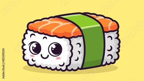 Cute Cartoon Sushi Nigiri with Salmon and Smiling Face.