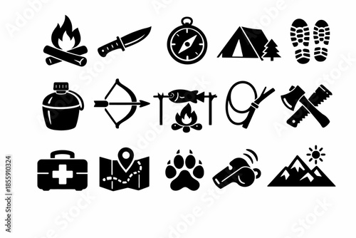 Camping and outdoor adventure icons: compass, tent, fire, hiking, tools