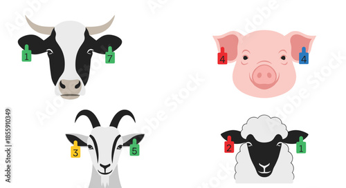 Set of four farm animal heads including a cow pig goat and sheep each with numbered identification ear tags for livestock tracking.