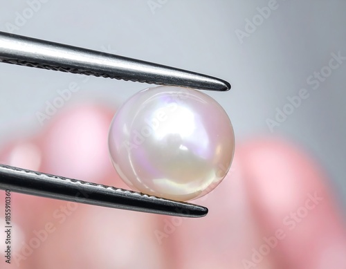 Close-up of a perfectly round, lustrous white pearl held delicately by a pair of silver tweezers against a blurred, neutral backdrop