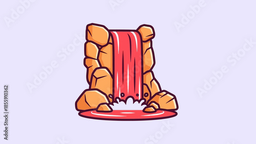 Cartoon Waterfall with Red Water and Rock Formations Illustration.
