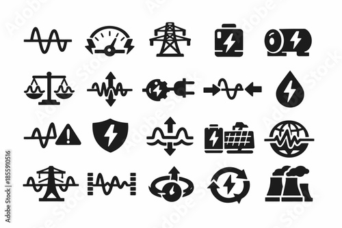 Set of energy and electricity icons representing power sources and components