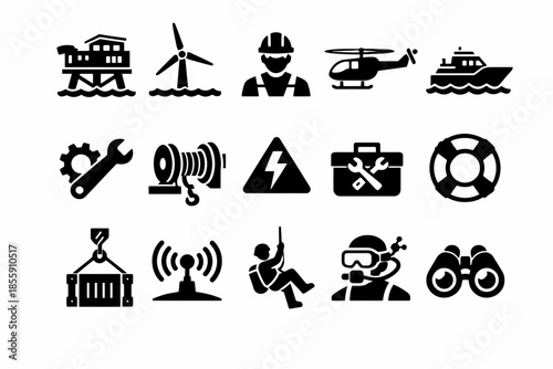 Offshore industry icons: worker, helicopter, turbine, tools, safety gear